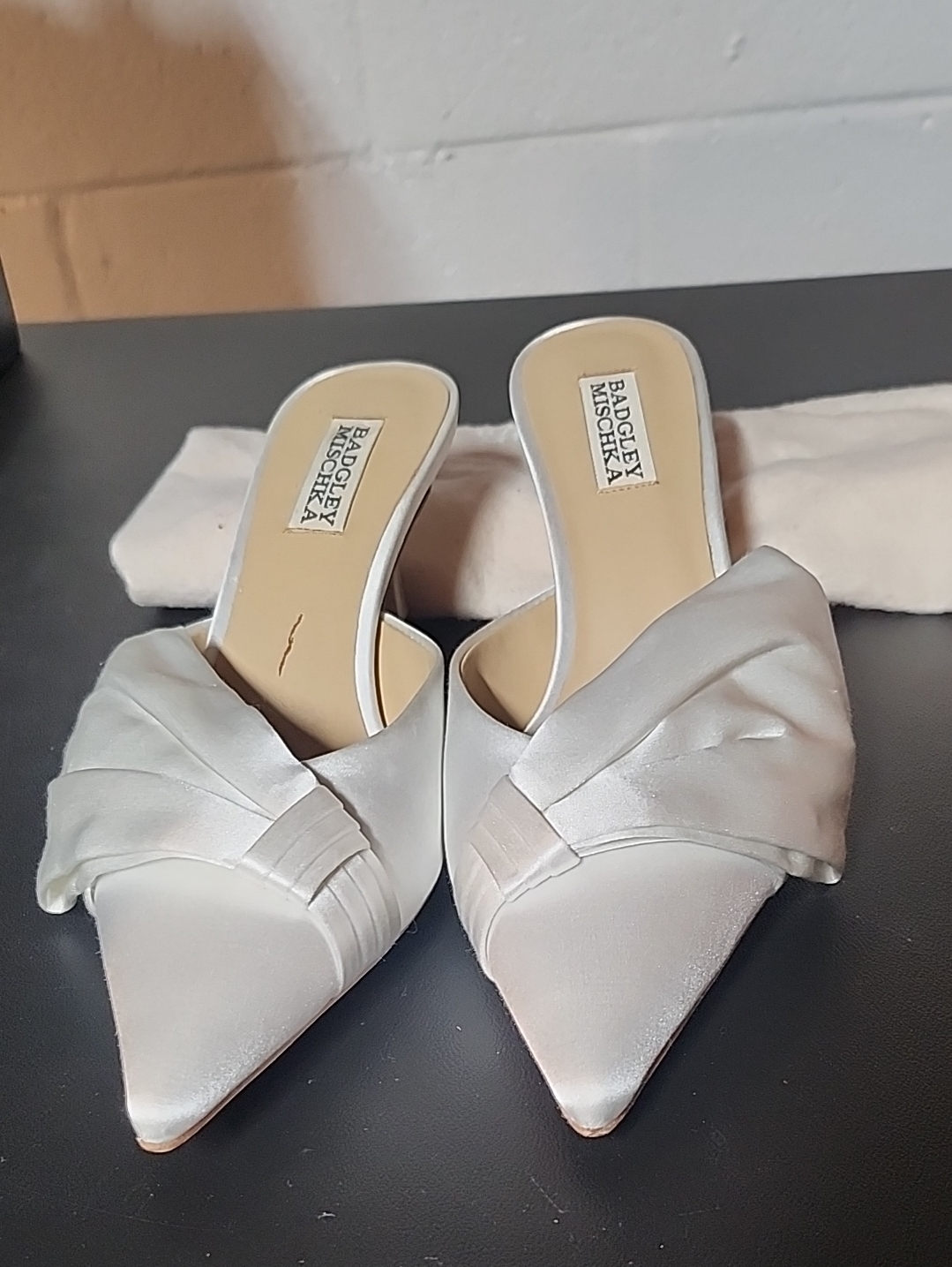 Badgley Mischka Alaya White Satin Pointed Slip-On Mules